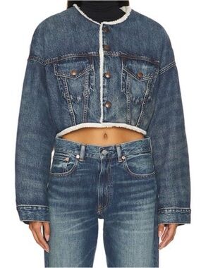 Denimist Cropped Blue Denim Jean Jacket with Faux Shearling Trim NWOT